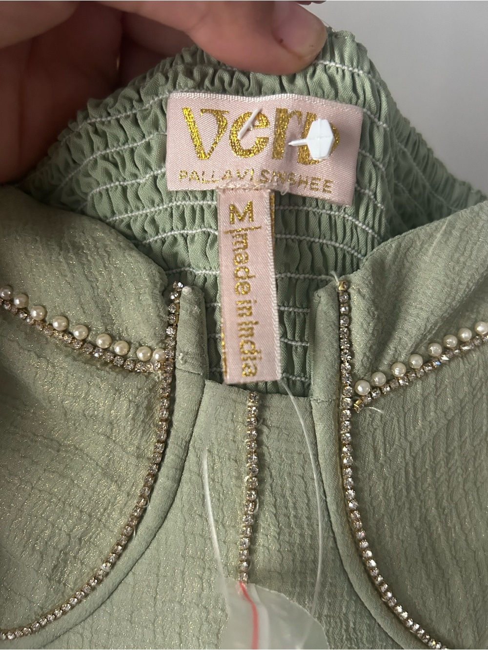 Anthropologie Sage Green Midi Dress with Metallic Bronze Hem - Picture 3 of 3